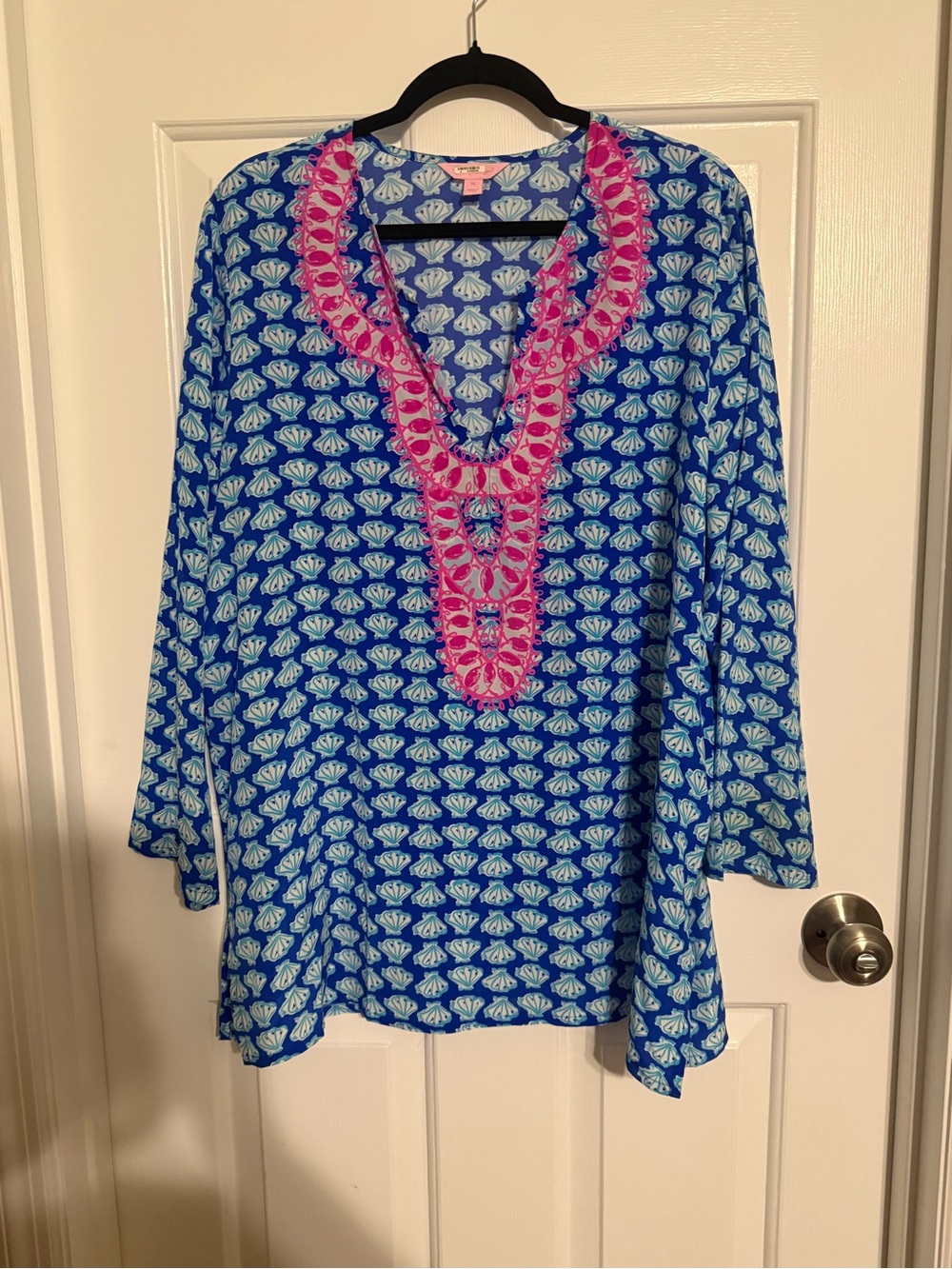 Lilly Pulitzer Renato Silk Tunic Blouse Blue Shell Print Pink Trim XL